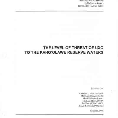 The Level of Threat of UXO to the Kaho'olawe Reserve Waters (Preliminary Draft)