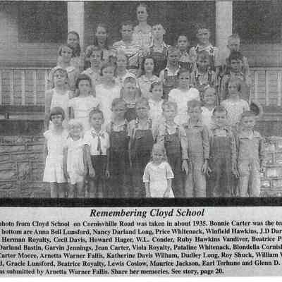 Bonnie Carter is the teacher. Shown from the bottom are Anna Bell Lundsford, Nancy Darland Long, Price Whitenack, Winfield Hawkins, JD. Darland, Charlie Royalty, Herman Royalty, Cecil Davis, Howard Hager, WL Conder, Ruby Hawkins Vandiver, Beatrice Peavler Willis, Lorene Darland bastin, Garvin Jennings, Jean Carter, Viola Royalty, Pataline Whitenack, Blondella Cornish, Zula Yates, Louise Carter Moore, Arnetta Warner Fallis, Katherine Davis Wilham, Dudley Long, Roy Shuck, William Wilham, Lula Lunsford, Gracie Lunsford, Beatrice Royalty, Lewis Coslow, Maurice Jackson, Earl Terhune, and Glen D. Warner.