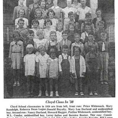 featured on the front row (l to r) are Price Whitenack, Mary Randolph, Rebecca Dean Logue, Donald Royalty, Mary Lou Darland, and an unknown boy. The second row contains Nancy Darland, Howard Hagger, Patline Whitenack, Unknown boy, WL Condor, unknown boy, Leroy Sallee and Bernice Baxter. The third row includes Connie Yeast, Virginia Logue, unidentified girl, Ethel Mae Sallee, Juanita Royalty, Bill Logue, and Herman Royalty. The fourth row has Margaret Logue, Mary Catherine Sallee, Mary Katherine Davis, JD Darland, Cecil Davis, and Chester Yeast. On the fifth row is Viola Royalty, Dorothy Bowen, Lorene Darland, and Dudley Long. On the sixth row was William Wilham, Roy Shucks, Glen D. Royalty and the teacher Opal Baxter.