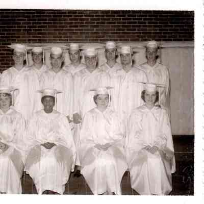 1962 Burgin Senior Class. Pictured on the front row (L to R): Sue Hockensmith, Jane White, Joyce Caddell, and Joy Smith. Middle row: Larry Wayne matherly, Mike Bowman, Fred Mullins, Wayne Walls, and Gerald DeNise. The back row features Larry Yocum, Jerry Mullins, Hurbert Denney, and Ira HWayslett