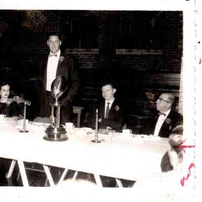 Wallace Jones of the Univ. of Kentucky, attended a banquet at Burgin High School. Pictured (L to R): Guilford Waggener, Mrs. Bill Marshall, Jones, Coach Bill Marshall, and Supt. D.R. Riggins