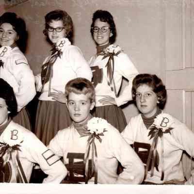 Burgin High School Cheerleaders (1961-62) Standing (L to R) are Diana Patterson, Kathy Hays, and Judy Peterson. Front Row: Linda Sanders, Sue Hockensmith, and Lou Walters