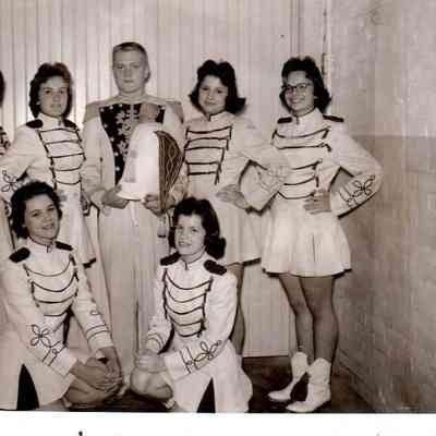 The 1961 HHS Majorettes: (L to R) Nancy Rogers, Gloria Bailey, Scottie Green Patricia Elliott, Donald Smith, Pamela Wheeler, and Dianne Bonta