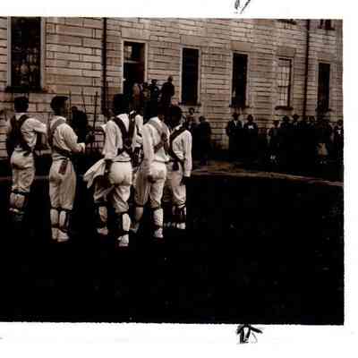 The Berea Folk Dancers in front of the east lawn of the Center Family Dwelling.
