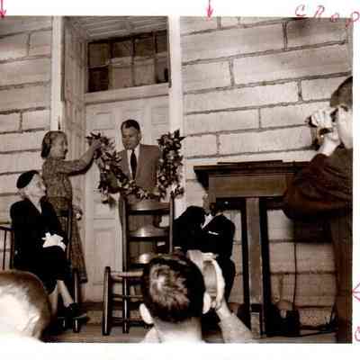 Gov. Bert Combs is pictured with Mrs. Floyd Wright (standing) and Mrs. Mary Elizabeth Mitchell (seated) who is a granddaughter of the last Shaker who died 36 years ago. (1961)