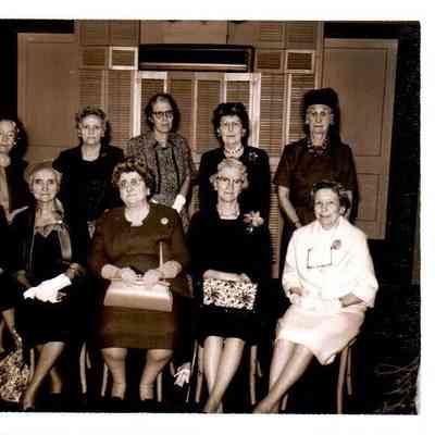Beaumont College Alumni Association meeting in September 1963. Seated (L to R) are: Mrs. Lockett Alexander Dean, Mary Hope Carpenter Crawford, Flossie Campbell Martin, Elizabeth Stagg Robinson, and Lena McClelland Prewitt. Standing (L to R) are Virginia Givens Alexander, Sadie Carter VanArsdall, Stella Cunningham Williams, Lizzie Lee Lillard Cotton, and Grace Fishback Hatchett