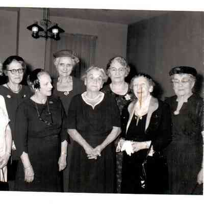 Newly elected officers from the 1960 Beaumont College Alumnae Association stand for their photo. Pictured on the front row (L to R) are Mrs. J.H. Robinson, Mrs. C.B. VanArsdall Sr., Mrs. Marion Sanders, Mrs. Ernest Prewitt, and Mrs. Vessie Anderson Cummins. In the back row are Mrs. C.W. Williams, Mrs. mary Hope Crawford, and Mrs. Marguerite Isham Bonta.