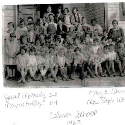 Coleman School staff included Jewel Matherly (grades 5-8), Mayme Kelly (grades 1-4), Mary E. Dennis, and Mrs. Clyde Walters. The photo was taken in 1927.