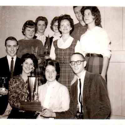 Pictured (l to r) on the front row isAllen Whitenack, Martha Brummett, Pat Shewmaker, and David Cornelius. In the middle row are Sharlee Shouse, Marilyn Graham, and Dixie Moore. The back row has Jane Foster, Vivian Royalty, and Jim Chris Burns. (1962)