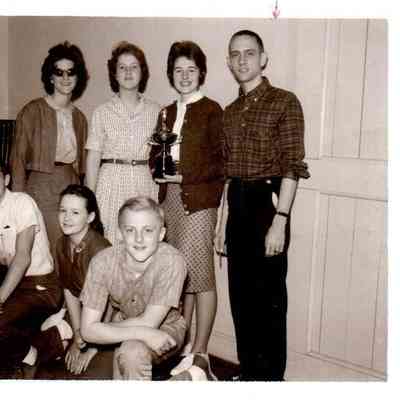 Pictured (l to r) on the front row are Chris Trower, Joan Rue, and Bill Vanarsdall. Standing is Dixie Moore, Penney Sanders, Pat Shewmaker, and David Cornelius, (1962)