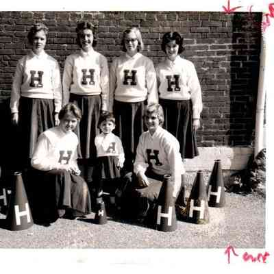 Pictured front row (L to R): Judy Flynn,Lisa Lynn Lester, and Jane Sullivan. The back row features Betty Cox, Kathy Sims, Gloria Sanders, and Glenna Shotwell (1959)