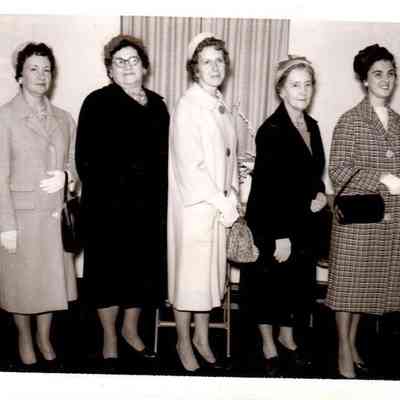 Pictured (L to R) Mrs. Roy Dismukes, Mrs. Milton Sanders, Mrs. Vilas Graham, Mrs. Everett yeager, and Mrs. J.W. Logue. Ms Logue is weaing a coat made by Mrs. Kermit Logue