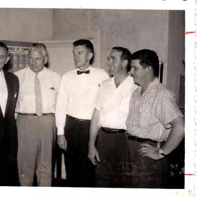 Pictured (L to R): Pete Wickliffe, Hop Ingram, Maurice Watts, John Landrum, earl Dean, and Earl Cummins at the Avalon Inn (July 1957)