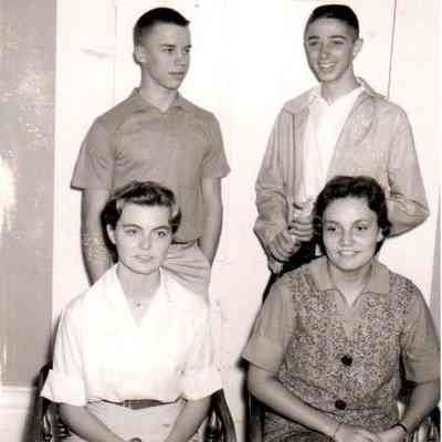 Pictured Front Row (L to R): Betty Patrick and Jean Squifflet. Standing isJimmy Howell and Mike Conover. (1959)