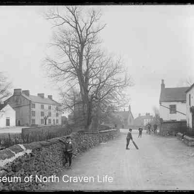 negative, glass plate - Clapham looking at New Inn (boys playing cricket)