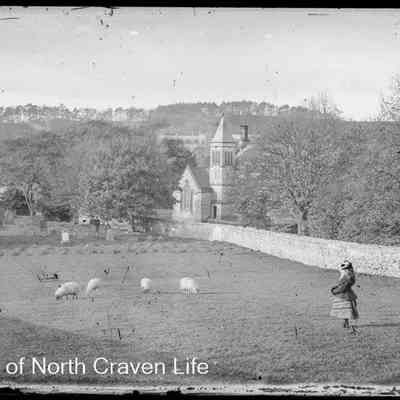negative, glass plate - Giggleswick School viewed across churchyard