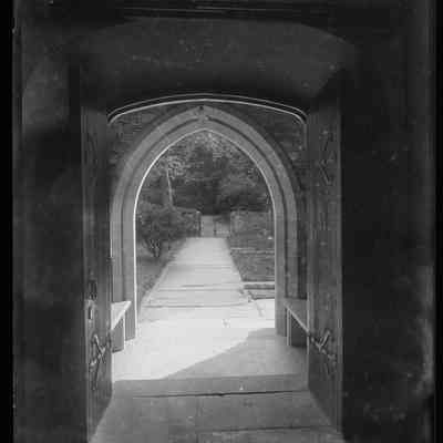 negative, glass plate - St James's Church, Clapham view out from the porch