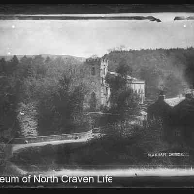 negative, glass plate - 'Clapham Church' viewed from across the river