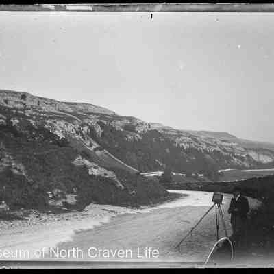 negative, glass plate - Giggleswick Scar with photographer
