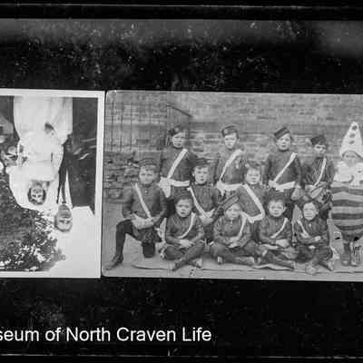 negative, glass plate - Group of youths in uniform (Settle boys brigade); bridal couple