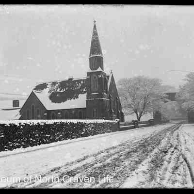 negative, glass plate - St John's Church, Settle in the snow