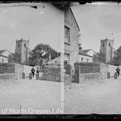 negative, glass plate - St Alkelda's Church, Giggleswick from Tems Beck Road
