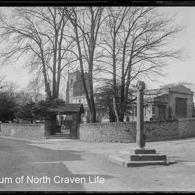 negative, glass plate - Giggleswick Church (exterior) 10 of 12 (showing lych-gate and market cross)