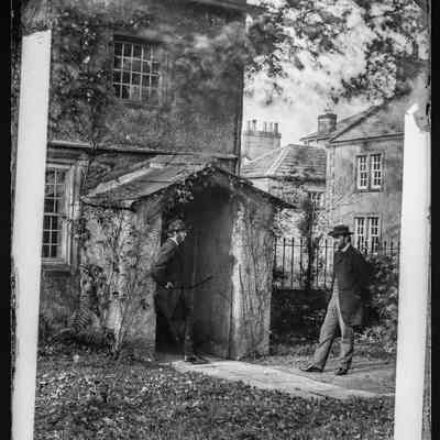 negative, glass plate - Portrait : Ellwood Brockbank and Joseph Tatham outside Quaker Meeting House