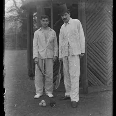 negative, glass plate - Portrait : Two men holding tennis ? racquets