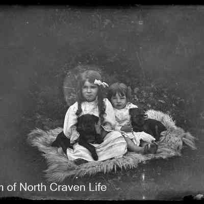 negative, glass plate - Portrait : Group of girls and dogs