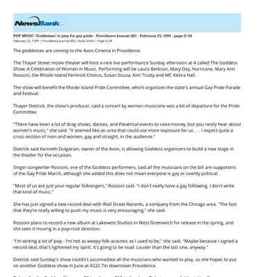 Goddesses to Play for Gay Pride (PDF): Pop Music - Providence Journal Feb. 25, 1999