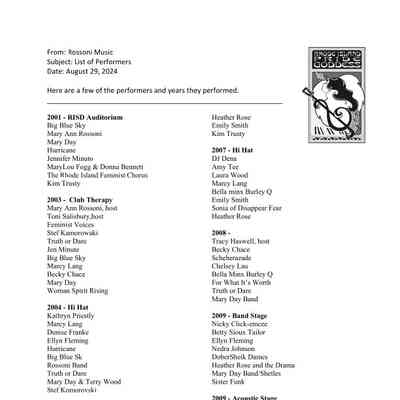 List of Performers (PDF): As recalled by Mary Ann Rossoni