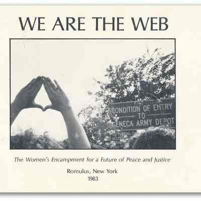 Image from book cover of We Are the Web - by Cathering Allport with image of woman giving the peace symbol atr an encampment