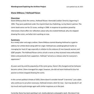 Summary of responses provided by Diane DiMassa to interview questions