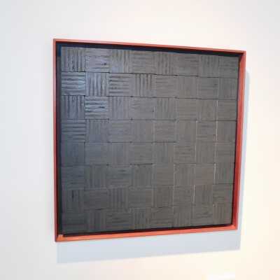 Gray textured wood with red border