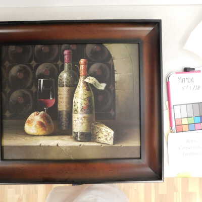 Still life with wine, bread, and cheese