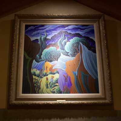 Stylized landscape with figures on the path