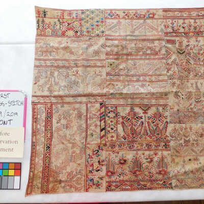 Persian Cross-Stitch: Believed to be collected or given to Phoebe Hearst in the late 1800s or early 1910s.