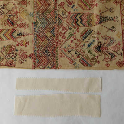 Patches before tea dyeing (linen)