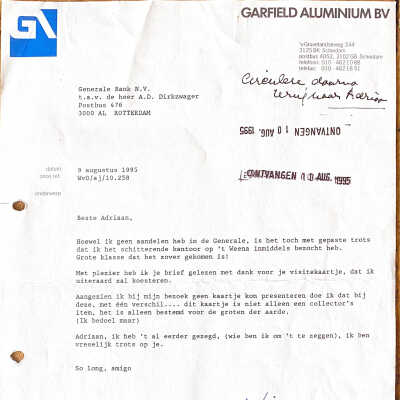 1995-08-09 Brief v. Wim v.Deelen, direkteur Garfield Aluminium.