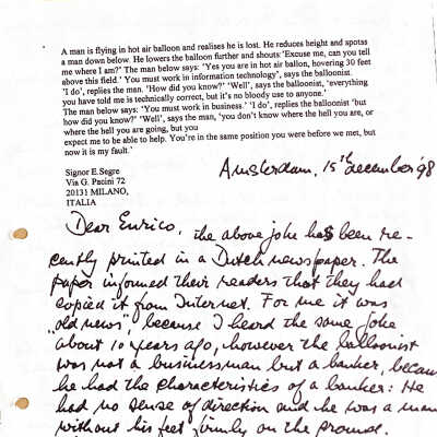 1998-12-15 Letter to Enrico Segre, our landlord in Pianello.