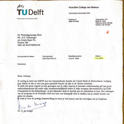 1993-09-07 Brief van de Voorzitter College van Bestuur TU Delft