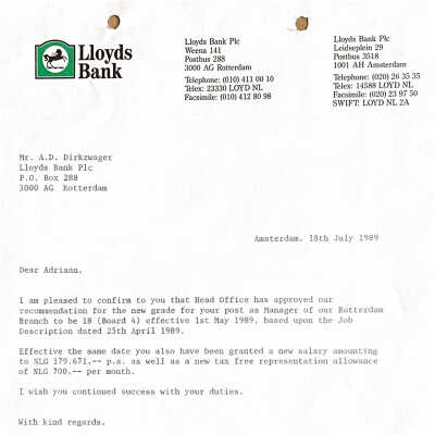 1989-07-18 upgrading ADDs postion as manager Lloyds Bank Rotterdam.