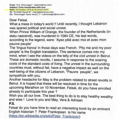2019-10-19 Mail aan Faysal El Khalil over de politieke situatie in Lebanon.