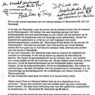 2023-07-12 Brief aan Koos Gouka over ons verblijf in Noordwijk..