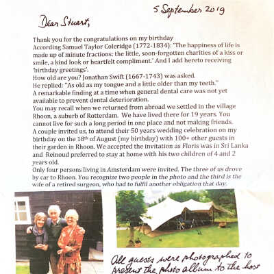 2019-09-05 Letter to Stuart Cook reporting on the garden party of Els and Herman Veen at the occasion of their 50 year marriage.