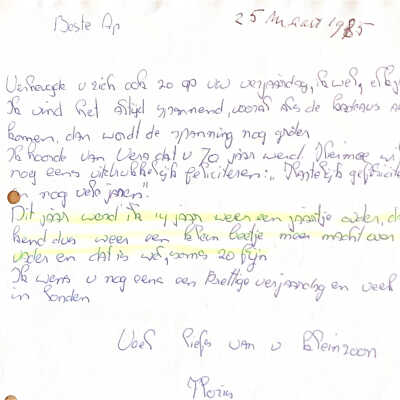 1985-03-25 Felicitaties v. Floris en Reinoud t.g.v. Grootvader Ab 70 jaar.