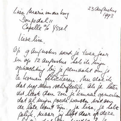 1993-08-23 Brief aan de tweejarige Lisa Maria van der Kooy.
