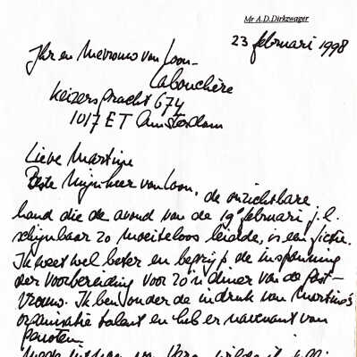 1998-02-23 Bedankbrief aan Martine en Maurits voor het voortreffelijke diner.