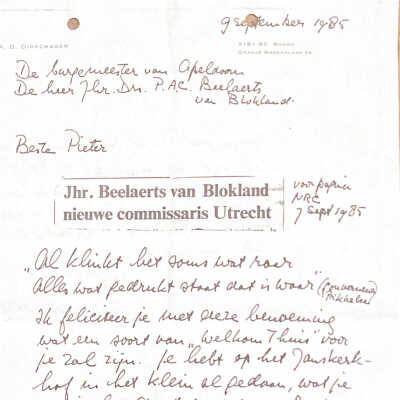 1985-09-09 Pieter Beelaerts van Blokland benoemd tot burgemeester van Apeldoorn.